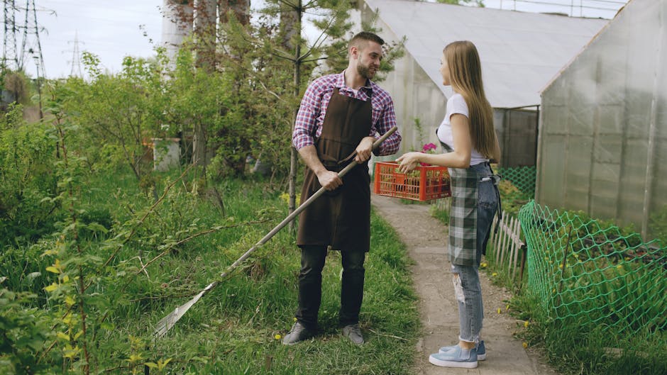 A young man with dark hair and a beard, dressed in a navy blue t-shirt and beige shorts, is engaged in outdoor garden maintenance. He is wearing bright yellow gardening gloves and holding a long-handl